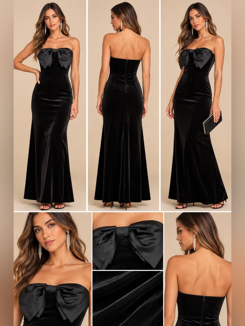 Lulus Dramatic Stunner Black Velvet Bow Strapless Maxi Dress XS